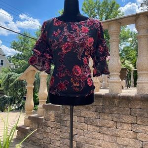 Velvet Floral flute sleeve fall blouse